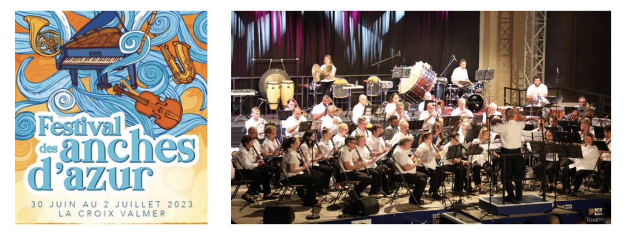 Left: the poster for the Festival des Anches d'Azur. Right: the Tara Winds on stage at the festival's opening night concert.