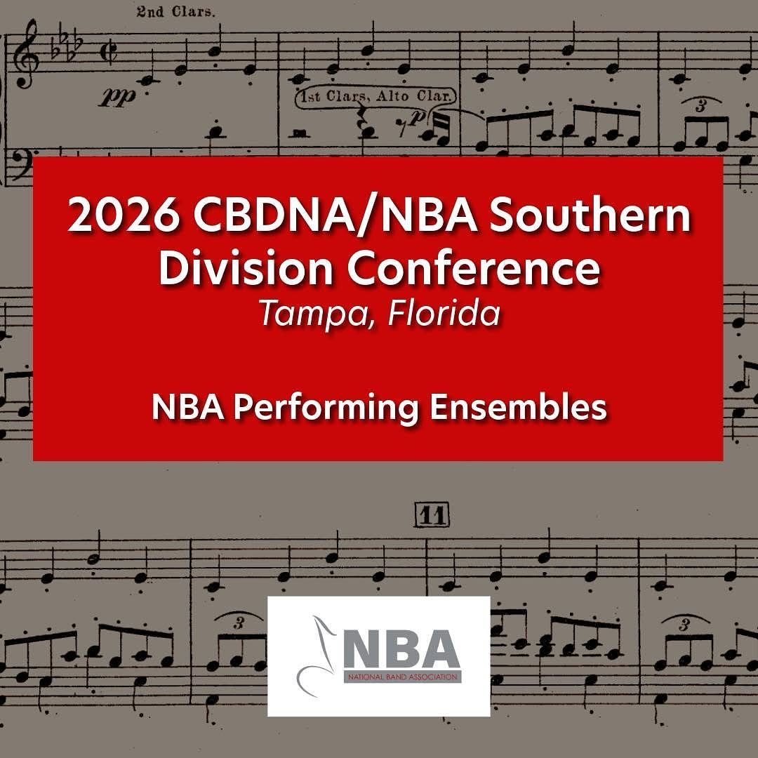 CBDNA flyer with the text '2026 CBDNA/NBA Southern Division Conference, Tampa, Florida, NBA Performing Ensembled' over a background of sheet music