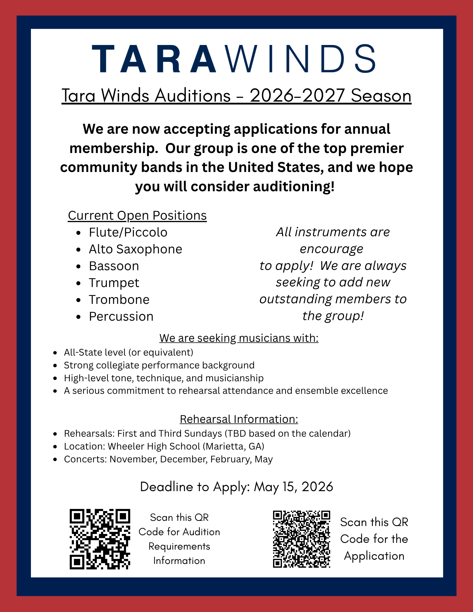 We are now accepting applications for annual membership. Our group is one of the top premier community bands in the United States, and we hope you will consider auditioning! Current Open Positions: Flute/Piccolo; Alto Saxophone; Bassoon; Trumpet; Trombone; Percussion