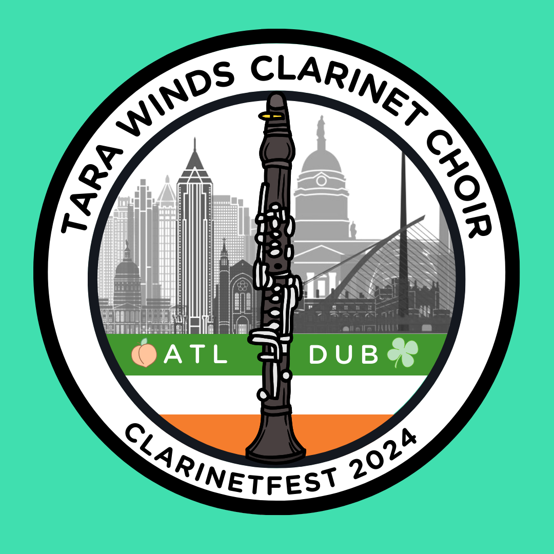 Dublin logo for TWCC. A round emblem with a clarinet in the middle and a mixture of the Atlanta and Dublin skylines in the background.